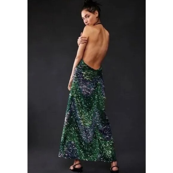 Free People Green and Blue Backless Dress - Picture 3 of 7